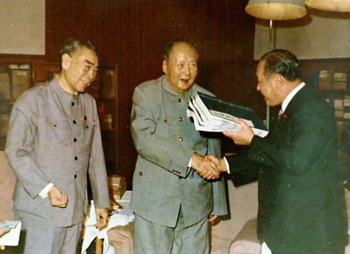 Normalization of diplomatic relations between Japan and China  September 27, 1972  Prime Minister Kakuei Tanaka visits China and shakes hands with President Mao Zedong after being presented with a copy of the  Chushi Jishu Annotated   at left, Prime Minister Zhou Enlai  on the occasion of the normalization of diplomatic relations between Japan and China, September 27, 1972.