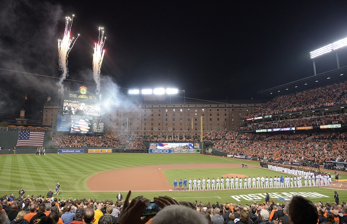 2014 MLB A League Championship Oriole Park at Camden Yards  Orioles , OCTOBER 10, 2014   MLB : Both teams line up on the field and sing the American National Anthem during a ceremony during the A League Championship Series, October 10, 2014  Date 20141010 Location Baltimore, Maryland, USA