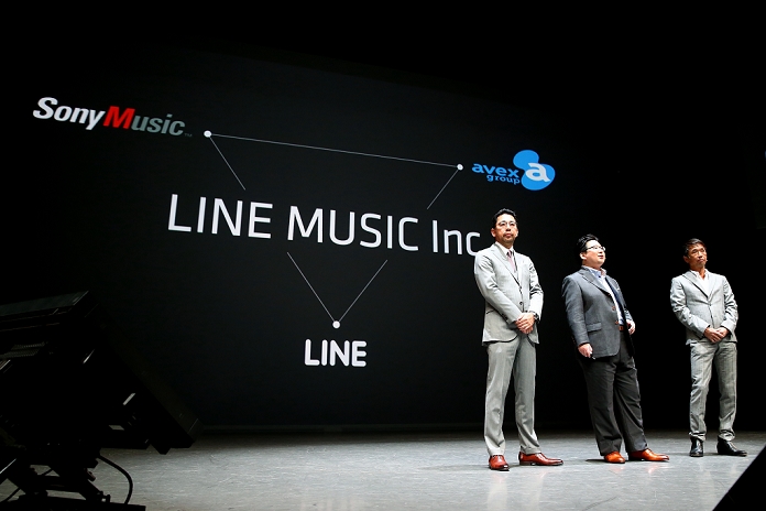 LINE Announces New Service Providing Payment Functions, etc. LINE, which develops free communication applications for smartphones, held the  LINE CONFERENCE TOKYO 2014,  a business strategy presentation event, on September 9. In addition to the payment service  LINE Pay  and cab dispatch service  LINE TAXI,  LINE aims to become a comprehensive platform used in daily life by developing a wide range of services, such as  LINE Manga  in collaboration with Kodansha and Shogakukan, and the announcement of joint venture companies with Avex and Sony Music. Attending the event were  from left  Shunsuke Muramatsu, COO of Sony Music, Jun Masuda, Senior Executive Officer of LINE, and Ryuhei Chiba, Vice President of Avex, in the afternoon of October 9, 2014, in Urayasu, Chiba Prefecture.