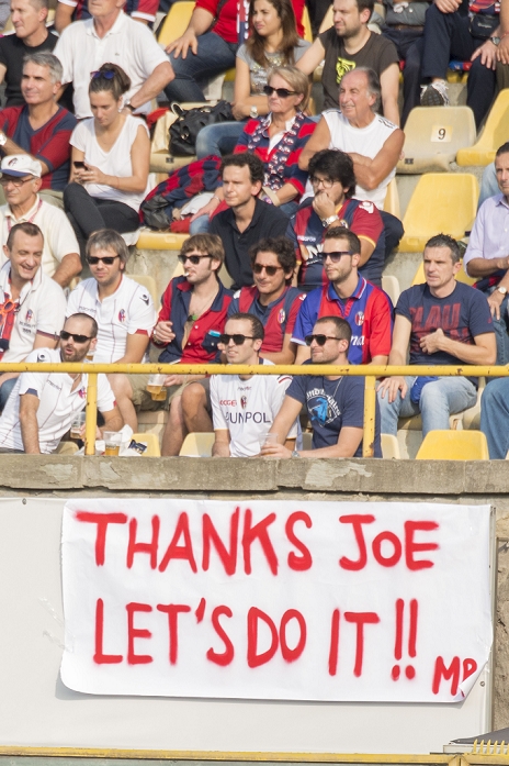 Italy 2nd Division Serie B Bologna fans, OCTOBER 18, 2014   Football   Soccer : Bologna fans with a banner for president Joe Tacopina during the Italian  Serie B  match between Bologna 3 0 Varese at Stadio Renato Dall Ara in Bologna, Italy.  Photo by Maurizio Borsari AFLO   0855 