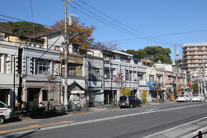 Showa era appearance Kiyosumi and Shirakawa neighborhood, Koto ku  December 2, 2014  December 2, 2014, Tokyo, Japan   A row of low lying buildings lines up on the outside of Kiyosumi Gardens in Kiyosumi, a downtown Tokyo neighborhood located on the east bank of Sumida River. Built in 1928 as part of a reconstruction project after the Great Kanto Earthquake, five blocks of steel reinforced concrete buildings are nestled in a group of six for approximately 200 meters along the Kiyosumi dori.  Photo by Haruyoshi Yamaguchi AFLO  VTY  mis 