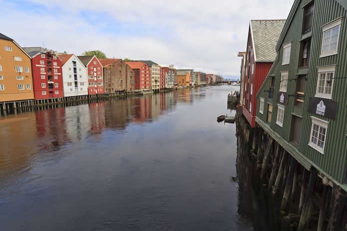 Norway Colourful wooden warehouses on wharves beside the Nidelva River, Trondheim, Sor Trondelag, Norway, Scandinavia, Europe, Photo by Eleanor Scriven