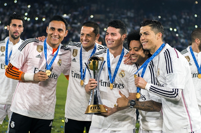 2014 FIFA Club World Cup Awards Ceremony Real Madrid Winner  L R  Keylor Navas, Javier Hernandez, James Rodriguez, marcelo, Cristiano Ronaldo  Real , DECEMBER 20, 2014   Football   Soccer : James Rodriguez of Real Madrid celebrates with the trophy after winning the FIFA Club World Cup Morocco 2014 Final match between Real Madrid 2 0 San Lorenzo at Stade de Marrakech in Marrakesh, Morocco.  Photo by Maurizio Borsari AFLO   0855 