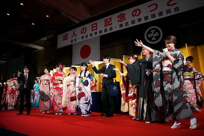 Coming of Age Day Celebrations for newcomers to adulthood held in various locations January 12, 2015, Tokyo, Japan :  Japanese young people dressed in colorful kimonos and formal suits enjoy the Coming of Age Day celebration ceremony at Tokyo Prince Hotel in downtown Tokyo. The  Coming of Age Day  is a Japanese holiday held in order to congratulate and encourage all those who have become adults  20 years old  in Japan. The annually celebration is held on the second Monday of January at local and prefectural offices, as well as after parties amongst family and friends. This event started in Japan since at least 714 AD when a young prince dressed new robes and a hairstyle to mark his passage into adulthood, and become holiday in 1948 to be held every year in January 15th. In 2000 the Coming of Age Day was changed to the second Monday of January as a result of Happy Monday System.  Photo by Rodrigo Reyes Marin AFLO 