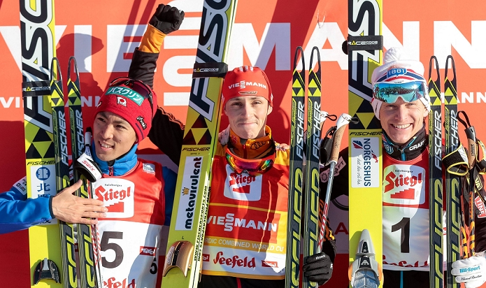 Nordic Combined World Cup Seifert, Award Ceremony Akito Watabe was 3rd  L R  Akito Watabe  JPN , Eric Frenzel  GER , Haavard Klemetsen  NOR , JANUARY 18, 2015   Nordic Combined : FIS Nordic Combined World Cup Gundersen NH HS109 15km in Seefeld, Austria.