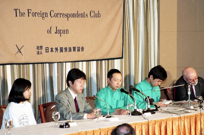 Cult group Aum Shinrikyo.  April 7, 1995  April 7, 1995, Tokyo, Japan   Top members of Aum Shinrikyo, a Japanese cult founded by Shoko Asahara in 1984, attend a news conference at Tokyo s Foreign Correspondents Club of Japan on April 7, 1995. They are, from left: unidentified female member  Yoshinobu Aoyama, the cult attorney  Hideo Murai, cult minister of science and technology  and the cult spokesman Fumihiro Joyu. Murai, one of the perpetrators responsible for the murder of the Sakamoto family, was stabbed to death by a member of Yamaguchi gumi on April 23, 1995.  Photo by Haruyoshi Yamaguchi AFLO  VTY  mis 