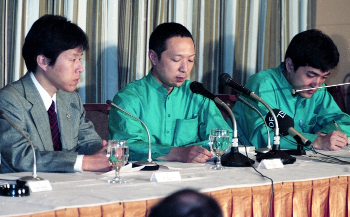 Cult group Aum Shinrikyo.  April 7, 1995  April 7, 1995, Tokyo, Japan   Top members of Aum Shinrikyo, a Japanese cult founded by Shoko Asahara in 1984, attend a news conference at Tokyo s Foreign Correspondents Club of Japan on April 7, 1995. They are, from left: Yoshinobu Aoyama, the cult attorney  Hideo Murai, cult minister of science and technology  and the cult spokesman Fumihiro Joyu. Murai, one of the perpetrators responsible for the murder of the Sakamoto family, was stabbed to death by a member of Yamaguchi gumi on April 23, 1995.  Photo by Haruyoshi Yamaguchi AFLO  VTY  mis 