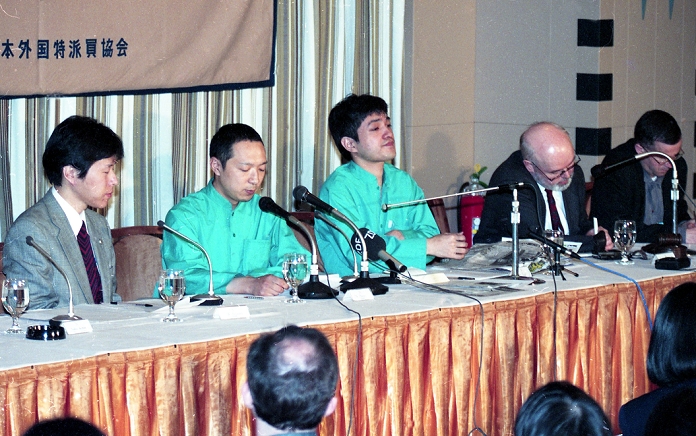 Cult group Aum Shinrikyo.  April 7, 1995  April 7, 1995, Tokyo, Japan   Top members of Aum Shinrikyo, a Japanese cult founded by Shoko Asahara in 1984, attend a news conference at Tokyo s Foreign Correspondents Club of Japan on April 7, 1995. They are, from left: Yoshinobu Aoyama, the cult attorney  Hideo Murai, cult minister of science and technology  and the cult spokesman Fumihiro Joyu. Murai, one of the perpetrators responsible for the murder of the Sakamoto family, was stabbed to death by a member of Yamaguchi gumi on April 23, 1995.  Photo by Haruyoshi Yamaguchi AFLO  VTY  mis 