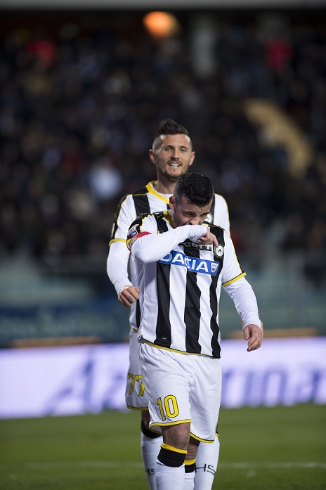 Serie A  F B  Antonio Di Natale, Cyril Thereau  Udinese , JANUARY 26, 2015   Football   Soccer : Antonio Di Natale  front  of Udinese celebrates for scoring his goal with Cyril Thereau  back  during Italian  Serie A  match between Empoli FC 1 2 Udinese at Stadio Carlo Castellani in Empoli, Italy.  Photo by Maurizio Borsari AFLO   0855 