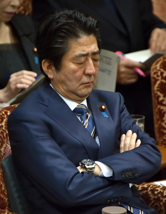 The Killing of Japanese Citizens by the Islamic State Focused questions at the Budget Committee of the House of Councillors February 2, 2015, Tokyo, Japan   Japan s Prime Minister Shinzo Abe contemplates during  a question and answer session of the Diet s upper house budget committee in Tokyo on Monday, February 2, 2015. Questions from the opposition camp centered on the kidnapping and killing in Syria allegedly by ISIS of two Japanese subjects   Kenji Goto and Haruna Yukawa.   Photo by Natsuki Sakai AFLO  AYF  mis 