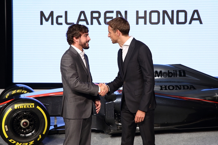 F1 McLaren Honda press conference  L R  Fernando Alonso, Jenson Button  McLaren , FEBRUARY 10, 2015   F1 : Fernando Alonso of Spain and Jenson Button of Great Britain pose with the McLaren Honda MP4 30 during a press conference at the Honda Motor Co. headquarters in Tokyo, Japan.  Photo by Hideki Yoshihara Aflo Dite   1065 