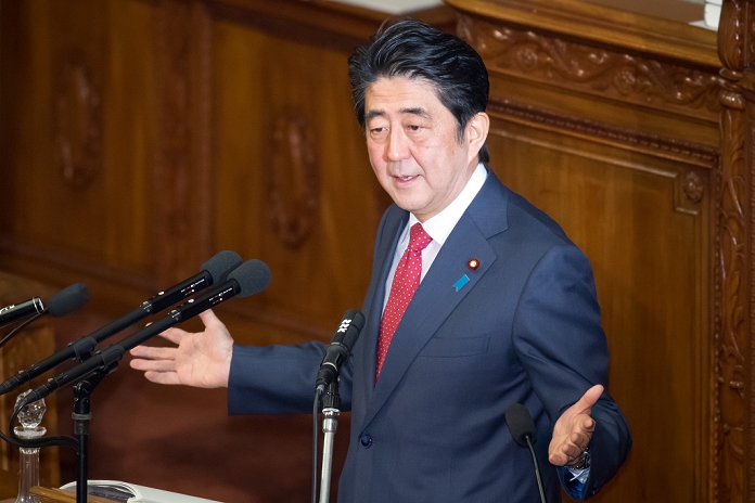 Prime Minister Abe delivers policy speech Determined to carry out reforms February 12, 2015, Tokyo, Japan  Japan s Prime Minister Shinzo Abe delivers his policy speech during a plenary session of both houses of the Diet in Tokyo on Thursday, February 12, 2015. Abe pledged Japan would never give in to terrorism and reiterated his determination to push for economic reforms.  Photo by AFLO  UUK  mis 