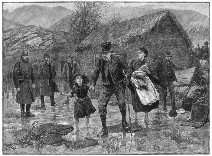 Ireland Farmers being evicted  1887  Scene at an Irish eviction in County Kerry, 1887.      Local Caption     An Irish eviction in County Kerry, 1887. Scene during the Land War, the dispute between Irish tenant farmers and their landlords that lasted from 1880 until 1892. A print from The Illustrated London News, 15th January 1887.
