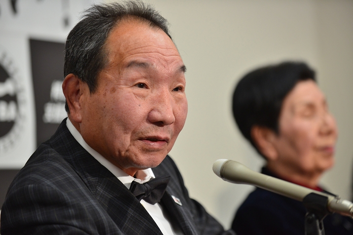 Mr. Hakamada watches his first boxing match for the first time since his release.  L R  Iwao Hakamada, Hideko Hakamada, MARCH 5, 2015   Boxing : Iwao Hakamada speaks during a press conference after the boxing event at Korakuen  Photo by Hiroaki Yamaguchi AFLO 