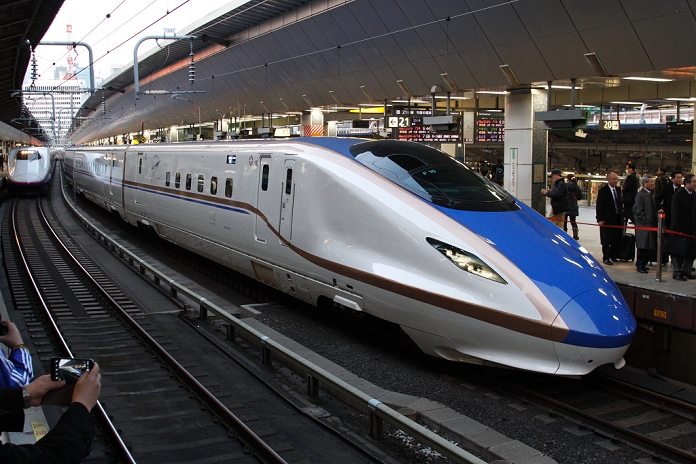 Hokuriku Shinkansen Line Extension Opens for Business Commemorative Ceremonies at Stations March 14, 2015, Tokyo, Japan   The new Hokuriku Shinkansen bullet train is seen at Tokyo Station on March 14, 2015 in Tokyo, Japan. The Hokuriku Shinkansen connects Tokyo with Kanazawa in Ishikawa Prefecture in 2 1 2 hours. The new trains offer an new luxury class and travel at top speeds of 260km h. Tickets for the first journey on the line sold out in 25 seconds and the trains are expected to provide a major boost to tourism and the economies of the new stops along the Japan Sea coast. In the future it is planned that the line could be extended as far as Osaka.  Photo by Hiroyuki Ozawa AFLO 