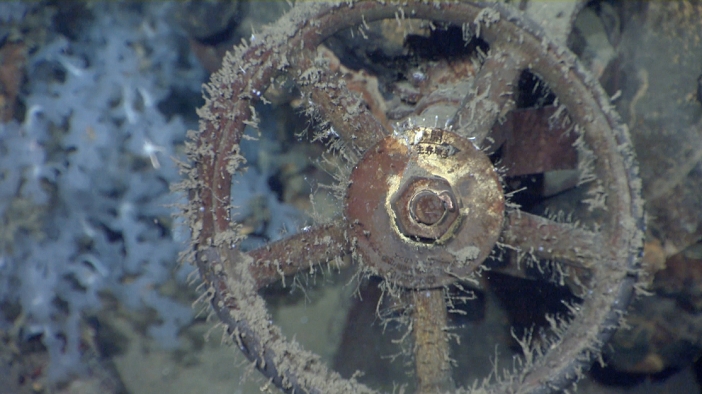 Video of the Battleship Musashi Published by the discoverer  Courtesy photo  A handout photo provided by Paul G. Allen on March 2, 2015, the Japanese battleship Musashi was located by Paul G. Allen and his research team. These are the first images of the wreck captured by the Octo ROV from M Y Octopus. This is a wheel on a valve that would have been from a lower engineering area that contains some yet to be translated writing.  Photo by Paul G. Allen Handout AFLO   FOR EDITORIAL USE ONLY.