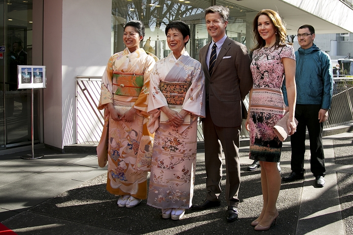Crown Prince and Princess of Denmark Visits Japan Viewing an exhibition in Tokyo  L to R  Princess Hisako Takamado and her oldest daughter Princess Tsuguko of Takamado of the Imperial House of Japan, His Royal Highness the Crown Prince Frederik Andre Henrik Christian and Her Royal Highness the Crown Princess Mary Elizabeth Donaldson pose for the cameras during the opening ceremony of the exhibition  The Spiritual Greenland  at Hillside Forum in Daikanyama on March 27, 2015, Tokyo, Japan. The exhibition shows a collection of  tulipaks  that are owned by the Japanese imperial family which have not been displayed to the public before and Greenlandic masks from HRH The Prince Consort s own collection. The Danish Crown Prince Couple are in Japan for three days, to promote the Danish territory of Greenland, including tourism and its culture and products, in Japan.  Photo by Rodrigo Reyes Marin AFLO 