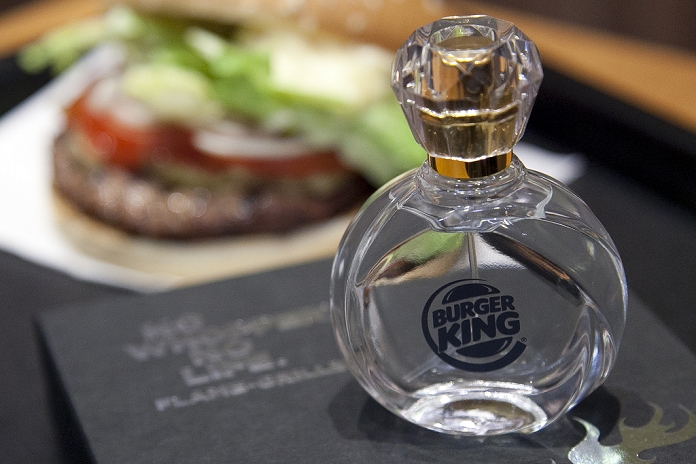 Burger King Launches Perfume Scent is  Open Fire Grilled Patty A bottle of the Burger King s new fragrance  Flame Grilled  on display at a Shinjuku store on April 1, 2015, Tokyo, Japan. Burger King Japan launched a new perfume Frame Grilled and a Whopper Pass as part of their  Whopper Day , April 1st celebration. The new limited edition fragrance recreates the scent of the flame grilled patties used in their hamburgers and is captured in 30 milliliter bottles, and the Whopper Pass allows customers to eat a Whopper medium set everyday of the month of April 2015. Both promotions are available only on April 1st and cost 5000 yen  USD  41  each. They both come with a Whopper burger.  Photo by Rodrigo Reyes Marin AFLO 