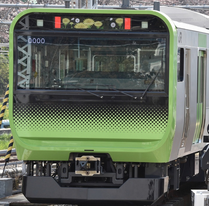 JR Yamanote Line Newly introduced E235 Series exterior Exterior view of the new E235 Series trains to be introduced on the JR Yamanote Line. The front destination indicator is now colorized and displays a seasonal floral pattern, at the Tokyo General Rolling Stock Center in Shinagawa Ward, Tokyo, March 2015. Photo by Toshiki Miyama on March 28