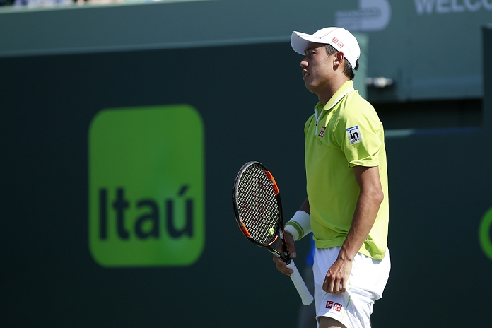 Miami Open Men s Quarterfinals Kei Nishikori  JPN , APRIL 2, 2015   Tennis : Kei Nishikori of Japan reacts during the Miami Open tennis tournament quarter final match in Key Biscayne, Miami, Florida, United States.