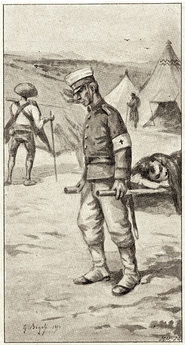 Sino Japanese War  1894  A Red Cross medic carries a wounded soldier of the Japanese Imperial Army in Korea during the First Sino Japanese War  1894 895 . Published in the French illustrated weekly Le Monde Illustrteu in 1894  Meiji 27 . Art by French artist Georges Ferdinand Bigot  1860 1927 , famous for his satirical cartoons of life in Meiji period Japan. Original text:   mbulancier et coolies portant des blesses.