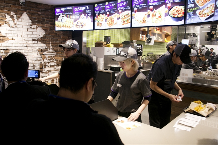 Taco Bell Returns to Japan First store opens in Shibuya Staff of the new Taco Bell branch take orders from the press members during the pre opening event for the restaurant s first Japanese store located in Tokyo s Shibuya district, on April 20, 2015, Japan. The store includes Japan specific dishes like shrimp and avocado burrito and taco rice on its menu. It will open to the public on April 21st. The American Tex Mex fast food restaurant has signed a franchise agreement with Asrapport Dining Co., Ltd. to operate Taco Bell branches in Japan.  Photo by Rodrigo Reyes Marin AFLO 