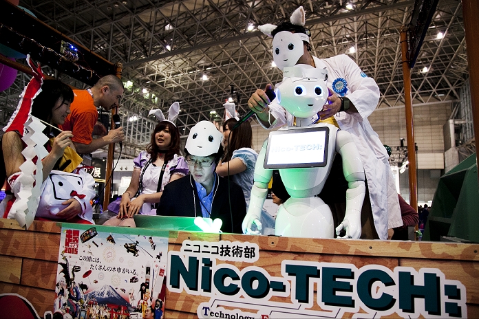  Nico Nico Cho Kaigi 2015 Held on the largest scale ever A SoftBank robot Pepper performs at the Niconico Douga fan event in Makuhari Messe International Exhibition Hall on April 25, 2015, Chiba, Japan. The event includes special attractions such as J pop concerts, Sumo and Pro Wrestling matches, cosplay and manga and various robot performances and is broadcast live on via the video sharing site. Niconico Douga  in English  Smiley, Smiley Video   is one of Japan s biggest video community sites where users can upload, view, share videos and write comments directly in real time, creating a sense of a shared watching. According to the organizers more than 200,000 viewers for two days will see the event by internet. The popular event is held in all 11 halls of the huge Makuhari Messe exhibition center from April 25 to 26.  Photo by Rodrigo Reyes Marin AFLO 