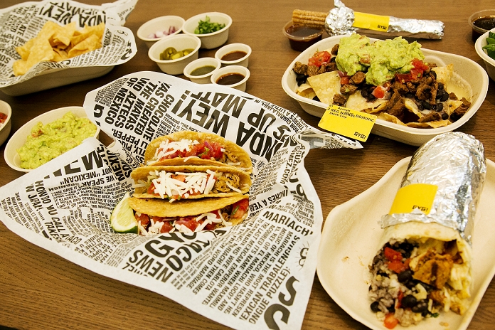 Mexican food from Australia in Harajuku Guzman e Gomes Various Mexican dishes on display during a pre opening event of the new restaurant  Guzman y Gomez  in the Harajuku shopping area of Shibuya on April 27, 2015, Tokyo, Japan. The restaurant serving burritos and Mexican fast food was founded by Steven Marks in Australia, and named Guzman y Gomez  GYG  to honor old friends with the goal of introducing Mexican food and Latin culture to the world. It will open its first Japanese branch to the public on April 29th with a special  Free Burrito Day  promotion.  Photo by Rodrigo Reyes Marin AFLO 
