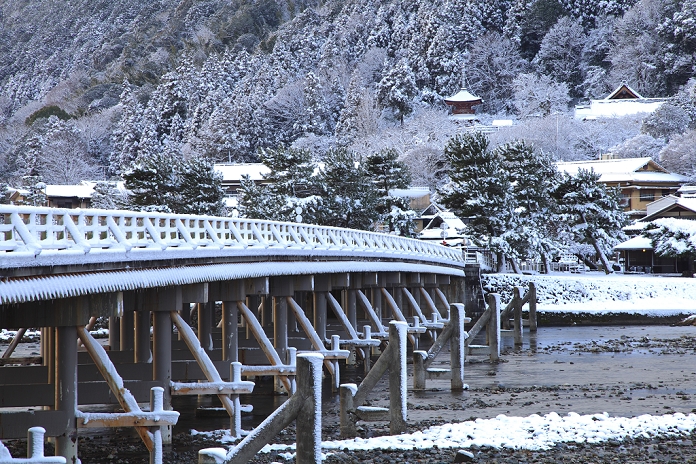Togetsu Bridge and Horinji Temple in Snowy Landscape