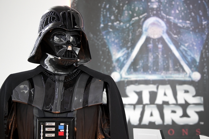 A life size statue of Darth Vader on display during the exhibition Star Wars Vision at the Tokyo City View Sky Gallery in Roppongi Hills on April 28, 2015, Tokyo, Japan. The exhibition is divided into six themed areas (Original, Force, Battle, Saga, Galaxy and Droid) located in different halls, and visitors can see models of the battle spaceships, life-size statues of the principal characters and Jedi weapons from the movies. The exhibition also introduces 60 art pieces and 100 movie props. It will open to the public from April 29th to June 28th.  ((C)&TM Lucasfilm/Rodrigo Reyes Marin/AFLO)

