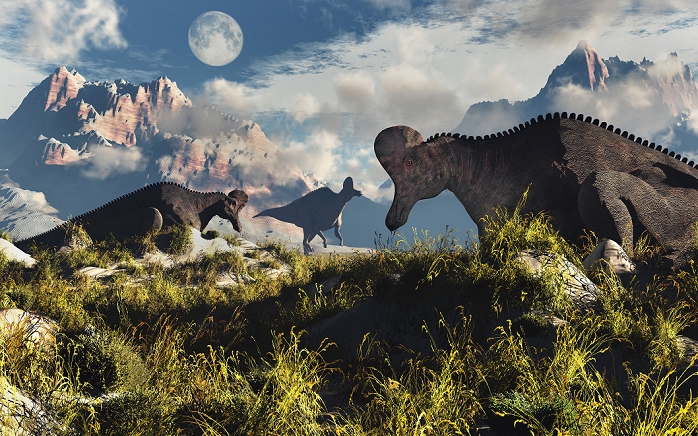 Corythosaurus nesting ground set during the Cretaceous Period.