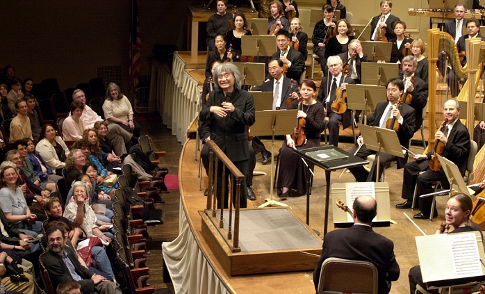 Seiji Ozawa  April 20, 2002  April 20, 2002, Boston, Ma.   With his trademark shaggy hair, Seiji Ozawa conducts the Boston Symphoney Orchestra in his final appearance as its music director at the BSO Hall in Boston, Ma., on April 20, 2002.  Photo by Osamu Honda AFLO  UVB  mis 