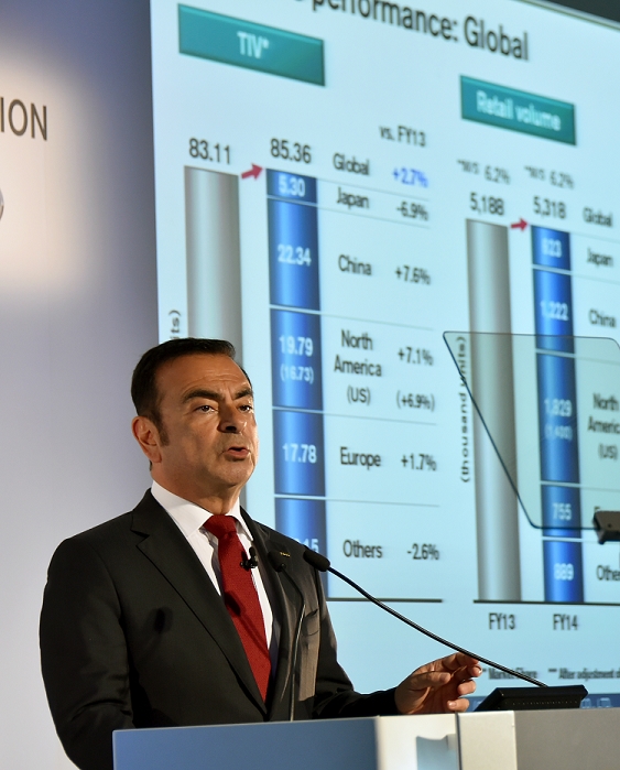 Nissan Posts Net Income of 485 Billion Consolidated Net Income for the Fiscal Year Ended March 31, 2016 May 13, 2015, Yokohama, Japan   Nissan Motor CEO Carlos Ghosn speaks during a news conference at its head office in Yokohama, south of Tokyo, on Wedneday Japan s second largest automaker forecasts net income of 485 billion yen in the current year ending March 31, 2016, from 457.6 billion yen a year earlier.  Photo by Natsuki Sakai AFLO  AYF  mis 