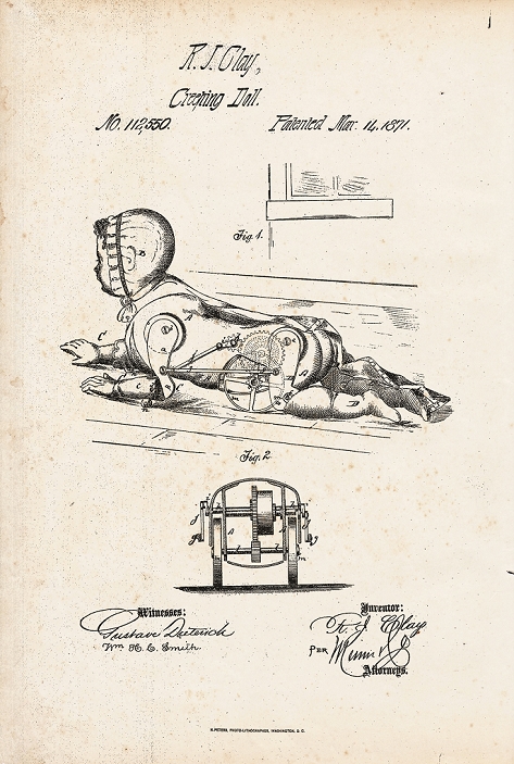 A ton of inventions from the 19th century Astonished by the bizarre contents Creeping doll patent, 1871. Artwork of a toy designed by Robert J. Clay. When wound up, the clockwork baby doll moved along the ground on wheels while the limbs mimicked the movement of a crawling baby.