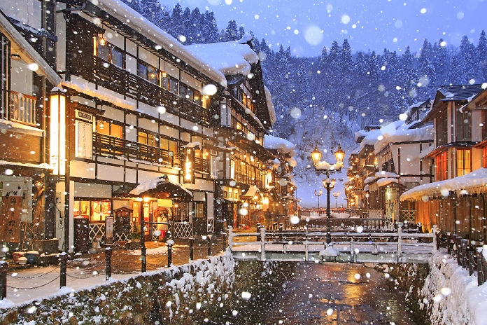 Yamagata Prefecture The evening view of Ginzan Onsen of snowfall