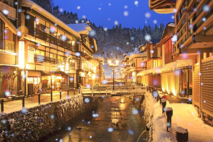 Yamagata Prefecture The evening view of Ginzan Onsen of snowfall