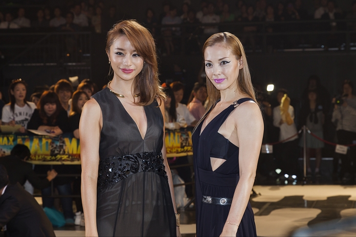Maryjun Takahashi and Anna Tsuchiya, Jun 04, 2015 : (L to R) Fashion model and actress Maryjun Takahashi and the singer, actress and fashion model Anna Tsuchiya pose for the cameras during the Japan premiere for the film ''Mad Max: Fury Road'' in Tokyo Dome City Hall on June 4, 2015. post-apocalyptic action movie directed, produced and co-written by George Miller is the fourth title of the Mad Max franchise filmed after 30 years since the last movie Mad Max Beyond Thunder Road. The British actor Tom Hardy as Mad Max Rockatansky replaced the actor Mel Gibson in the title role. movie will be released on June 20th in Japan. (Photo by Rodrigo Reyes Marin/AFLO)