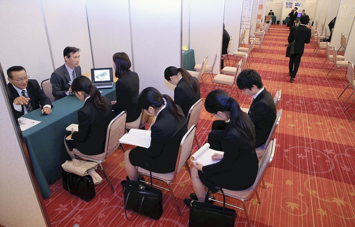 Students participating in a job interview session   Kyoto, Japan, November 13, 2014. Students participating in a job interview session in Shimogyo ku, Kyoto on March 13.