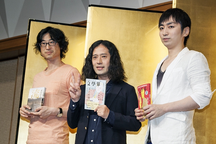  Use caution Comedian and author Naoki Matayoshi in Shinjuku, Tokyo.  L to R  Authors Akira Higashiyama, Naoki Matayoshi and Keisuke Hada attend the Japanese literature award ceremony in downtown Tokyo on July 16, 2015. Japanese comedian Naoki Matayoshi was a joint winner of  the 153rd Akutagawa Prize for his book Hibana, along with Keisuke Hada who won the Prize for The Jimmy Hendrix Experience. Naoki Matayoshi  received the 153rd Naoki Prize for his novel Ryu. The winners also received one million Yen each in prize money. The Akutagawa Prize was founded in memory of renowned Japanese novelist Ryunosuke Akutagawa in 1935 and the Naoki award is named after popular writer Sanjugo Naoki, and was also created in 1953.  Photo by Rodrigo Reyes Marin AFLO 