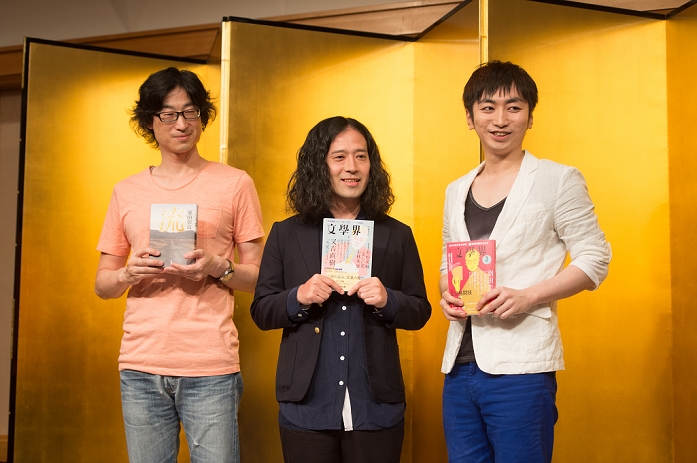  Use caution Comedian and author Naoki Matayoshi in Shinjuku, Tokyo.  From L to R  The 153rd Naoki Prize winner Akira Higashiyama and 153rd Akutagawa Prize winners, Naoki Matayoshi and Keisuke Hada, pose for photographs during the press conference on July 16, 2015 in Tokyo, Japan.  Photo by AFLO 
