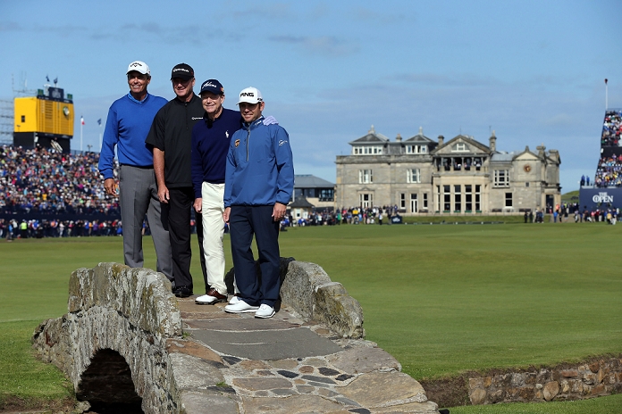British Open Practice Round The players, JULY 15, 2015   Golf :  L R  Ian Baker Finch of Australia, Todd Hamilton of the United States, Tom Watson of the United States and Louis Oosthuizen of South Africa pose on the Swilcan Bridge during a practice round of the 144th British Open Championship at the Old Course, St Andrews in Fife, Scotland.  Photo by Koji Aoki AFLO SPORT 