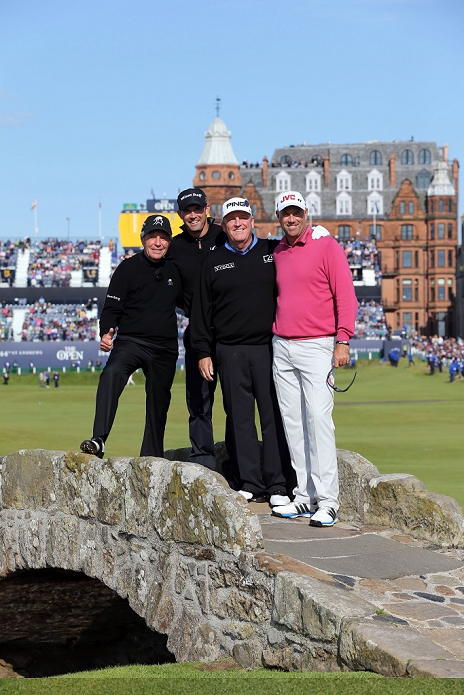 British Open Practice Round The players, JULY 15, 2015   Golf :  L R  Gary Player of South Africa, Padraig Harrington of Ireland, Mark Calcavecchia of the United States and Stewart Cink of the United States pose on the Swilcan Bridge during a practice round of the 144th British Open Championship at the Old Course, St Andrews in Fife, Scotland.  Photo by Koji Aoki AFLO SPORT 