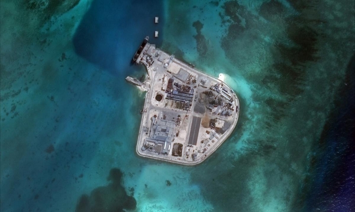 Nansha Islands, Johnson South Reef  June 10, 2015   Courtesy photo  A handout photo, taken Johnson Reef in the South China Sea, by provided by CSIS Asia Maritime Transparency Initiative on June 10, 2015. Johnson South Reef is a 7.2 square kilometer submerged reef in the Union Banks. Until early 2014 the only manmade feature on the reef was a small concrete platform that housed a communications facility, garrison building, and pier. This platform is now surrounded by an island that is approximately 400 meters across at its widest points and now has an area of about 100,000 square meters.  Photo by DigitalGlobe CSIS Asia Maritime Transparency Initiative Handout AFLO  FOR EDITORIAL USE ONLY.