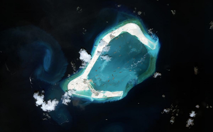Subi Reef, Nansha Islands  June 5, 2015   Courtesy photo  A handout photo, taken Subi Reef in the South China Sea, by provided by CSIS Asia Maritime Transparency Initiative on June 5, 2015. Subi Reef is the most recent feature to undergo significant reclamation efforts by China. Originally occupied in 1988, since July of 2014 it has seen significant expansion of the landmass with some analysis suggesting it might have the footprint to support a second airstrip, much like Fiery Cross Reef.  Photo by DigitalGlobe CSIS Asia Maritime Transparency Initiative Handout AFLO  FOR EDITORIAL USE ONLY.