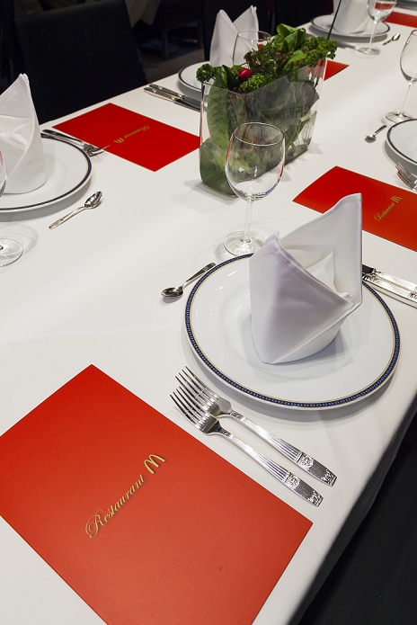 Mac s Becomes a Fine Dining Restaurant One Night Only Commemorative Event White tablecloth and fancy tableware set for 20 lucky customers who enjoy eating a McDonald s special dinner created by chef Masayo Waki during a   Restaurant M   event in the posh Roppongi Hills area on July 27, 2015, Tokyo, Japan. 20 chosen diners  from 8,300 applications  ate a special multi course dinner created by the celebrity chef using ingredients from the restaurant chain s regular menu. The special one night only event was organized to celebrate the launch of its new summer menu   Fresh Mac,   which features fresh vegetables. The five course meal served on a white tablecloth with plates and proper cutlery included a Vichyssoise en Pommes de terre de McDonald, Mousse au Poivron Rouge, Salade en Gelee aux Legumes de McDonald, Cinq Pinchos des McDonald Patties avec leur Sauces, a choice of main dish including the Fresh Mac bacon lettuce burger, and a McFlurry Mixed Berry Oreo dessert with a Premium Roast Coffee.  Photo by Rodrigo Reyes Marin AFLO 