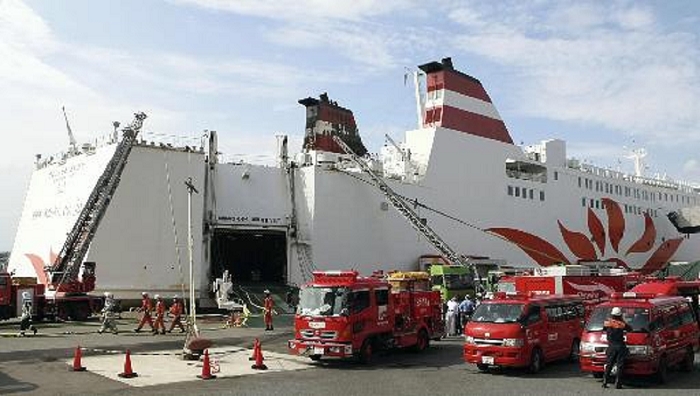 Ferry fire in Nanko, Osaka, Japan. Fire broke out inside the chimney while the ferry was docked. The  Sunflower Aibori  with one of its chimneys blackened  8:29 a.m., July 26, 2009, in Suminoe Ward, Osaka City .
