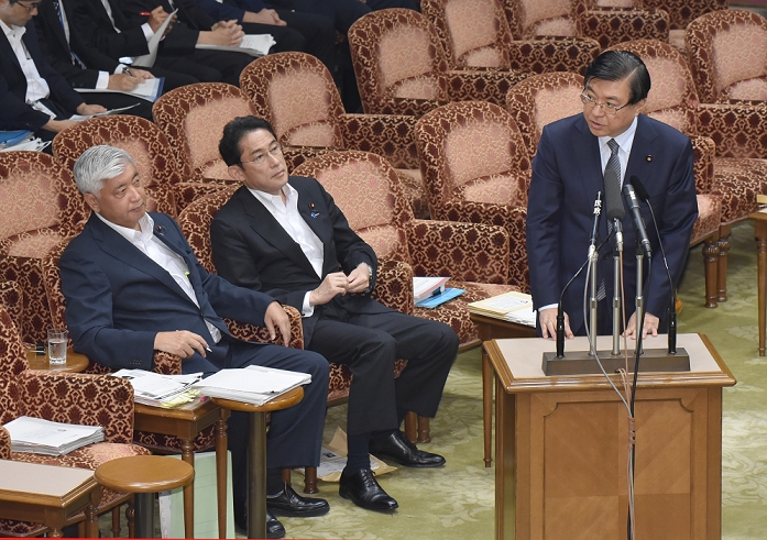 Aide Isozaki apologizes for remarks by a special committee member of the House of Councillors. August 3, 2015, Tokyo, Japan   Yosuke Isozaki, a senior adviser to Japanese Prime Minister Shinzo Abeis, apologizes for a gaffe he made as he is summoned as an unsworn witness by the panel in Tokyo on Monday, August 3, 2015. Isozaki said recently that the legality of the contentious security bills currently being deliberated in the upper house was unimportant as was their consistency with the Constitution. His comment infuriated the opposition camp, which is now demanding his resignation. Seated in the background are, Defense Miniser Gen Nakatani, left, and Foreign Minister Fumio Kishida.  Photo by Natsuki Sakai AFLO  AYF  mis 