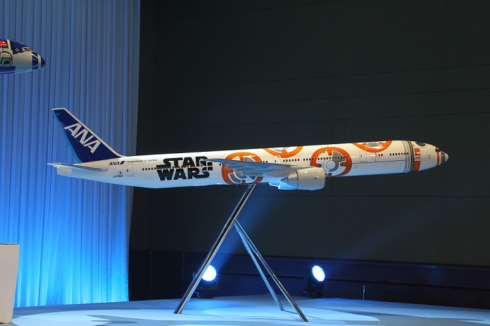 Star Wars Special Aircraft ANA to begin service in Oct. August 18, 2015, Tokyo, Japan : Japan s All Nippon Airways presents three designs for its Star Wars themed airplanes during a press conference in Tokyo, Japan. ANA, which signed a five year promotion license contract with the Walt Disney Co. last April, said that the Star Wars flights will feature the movie characters also in the headrest covers, napkins, cups and in flight decorations. The iconic R2 D2 droid from the original Star Wars movies, as well as the new droid BB 8, which will appear in new movie  Star Wars: The Force Awakens,  will feature on the airplane liveries, and all 6 of the Star Wars films to date will be included in the in flight entertainment system. According to ANA, some of the Star Wars themed jetliners might also operate on international routes.  Photo by Pasya AFLO 