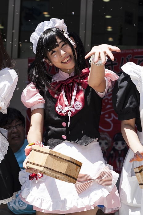 Uchimizu Event in Akihabara 30 maids and others participated A maid cafe waitress sprinkles water during the   Uchimizukko Big Gathering Festival   in Akihabara electric district of Tokyo, Japan on August 23, 2015. About 21 groups from Akihabara including maid cafes  waitresses and cosplayers attended the event, which included for the first time an official mascot character   2C Chan.   This year is the 12th anniversary of the event which began as a way to reduce dust and cool pavements in the Akihabara area. Uchimizukko is a Japanese summer tradition.  Photo by Rodrigo Reyes Marin AFLO 