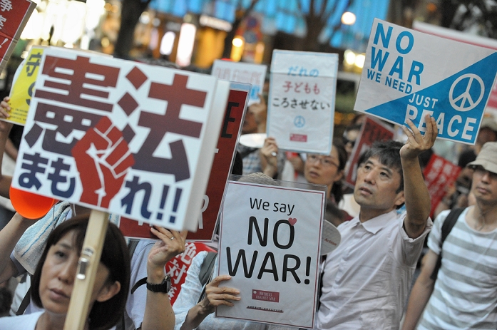 Demonstration against the Security Law in central Tokyo Simultaneous actions at 64 locations across Japan Protest against Prime Minister Shinzo Abe s security policies on Tokyo s trendy Omotesando Avenue on August 23rd, 2015. Some 64 demonstrations took place all over Japan on this day.  Photo by Duits.co AFLO 